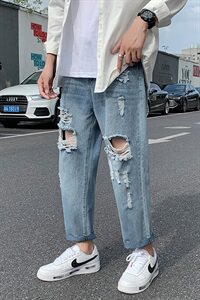 夏季浅色破洞牛仔裤男士宽松潮流百搭九分直筒休闲裤子B图片