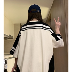 中性夏季新款机车撞色拼接织带印花圆领宽度短袖T恤D287P45，男装T恤，电商A335-1（原A458）