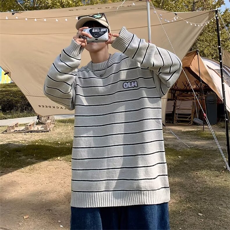 网络图现货潮牌情侣圆领针织衫ins日系条纹休闲毛衣JY28-P25,男装针织衫/毛衣,星座715-7