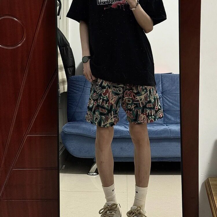 休闲廓形质感沙滩裤腰果花夏季潮牌美式高街复古宽松短裤五分裤男,男装牛仔裤,四季星座505