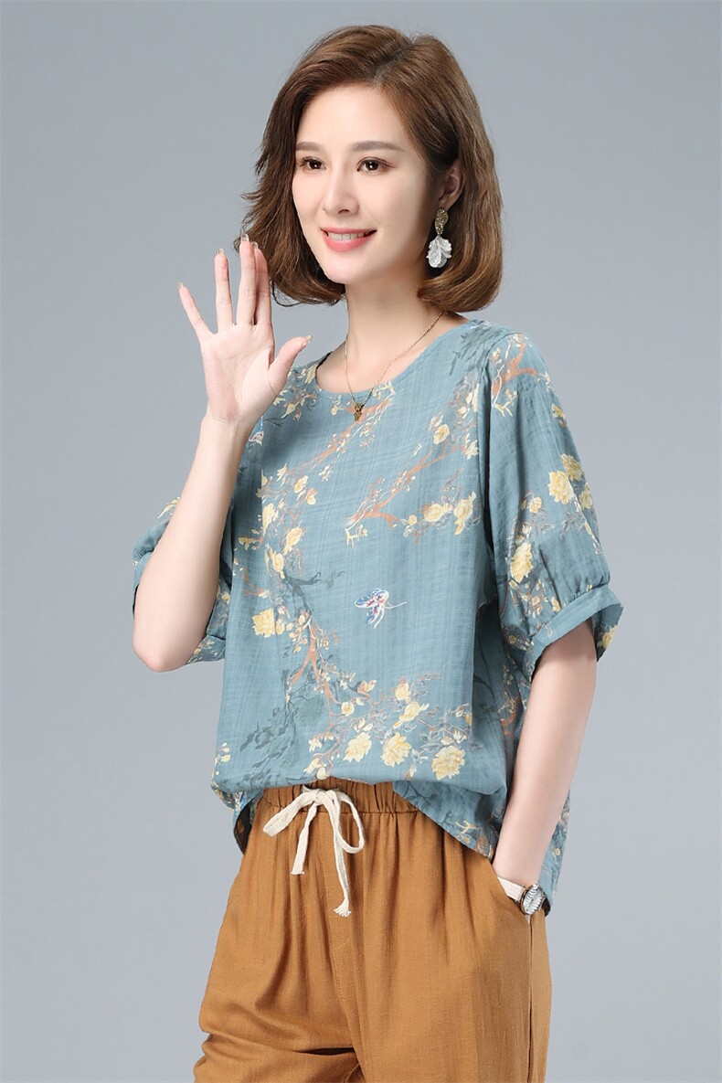 宽松圆领棉麻上衣短袖t恤女士2021夏装时尚文艺印花T恤,女装T恤,涵誉