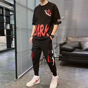 夏季短袖套装男休闲运动九分裤套装T恤宽松上衣F162P75图片