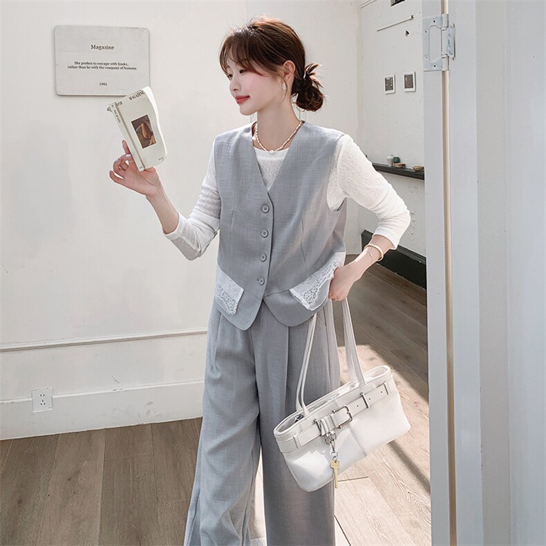 轻熟风蕾丝拼接西装马甲三件套女2025春季新款设计感打底衫阔腿裤,女装套装/套裙,2C205