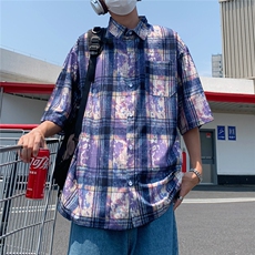 2025美式扎染印花冰丝凉感短袖五分袖格子衬衫CS1866/特P25紫3，男装T恤，电商A094