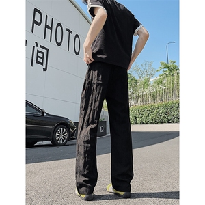 3015#-P45肌理感亚麻冰丝休闲裤男女夏季宽松速干直筒阔腿长裤图片