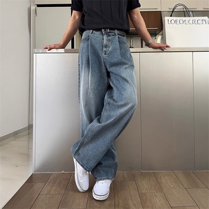 休闲美式覆古掐褶水洗牛仔裤男夏季薄款潮流百搭宽松阔腿直筒长裤图片