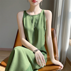 法式文艺吊带连衣裙女2025春夏新款气质高级感无袖凉爽棉麻长裙子，女装连衣裙，圣丽羊绒