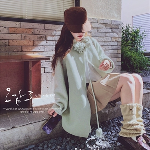 韩系chic绿色中长款双面羊绒大衣女秋冬新款超火好看毛呢加厚外套图片