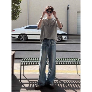 复古水洗牛仔裤男女高街vibe风宽松直筒阔腿拖地长裤子LM7766-P50图片