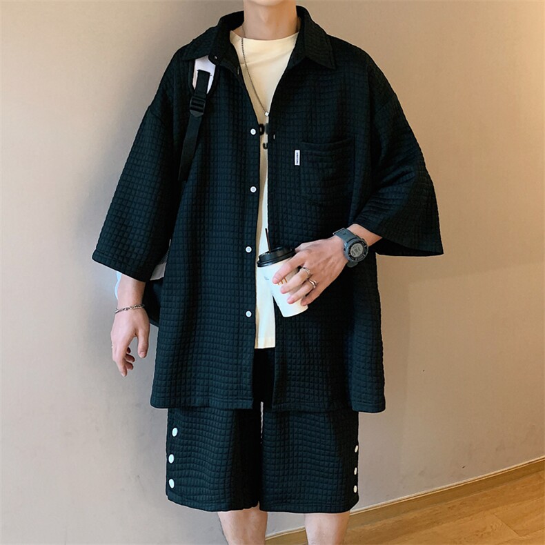 特P55控98-华夫格休闲运动套装男夏季开衫短裤两件套XTZ223，男装休闲套装，电商B370