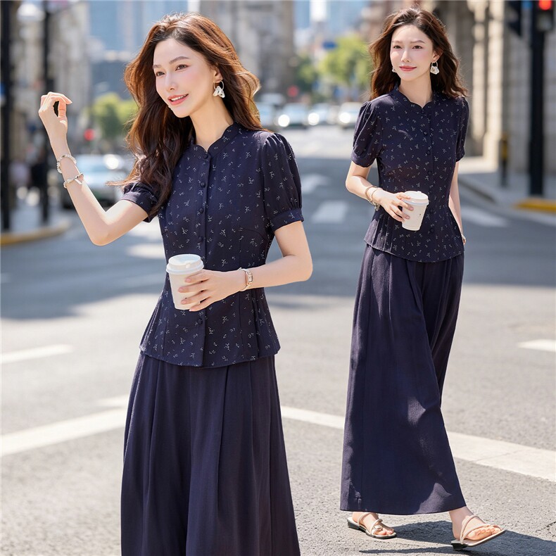 碎花小立领收腰小衫配阔腿裤时尚清新田园风两件套,女装套装/套裙,水衣源