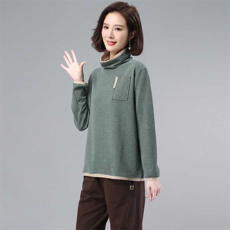 2021新款韩版高领拼色时尚休闲长袖宽松打底衫潮，女装大码女装，奕阳依阁