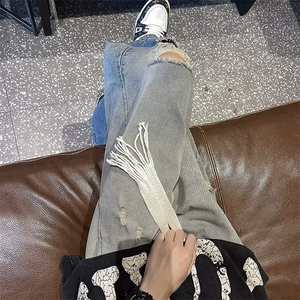 松紧腰破洞牛仔裤男美式街头痞帅宽松百搭渐变直筒阔腿裤AN07-P45图片
