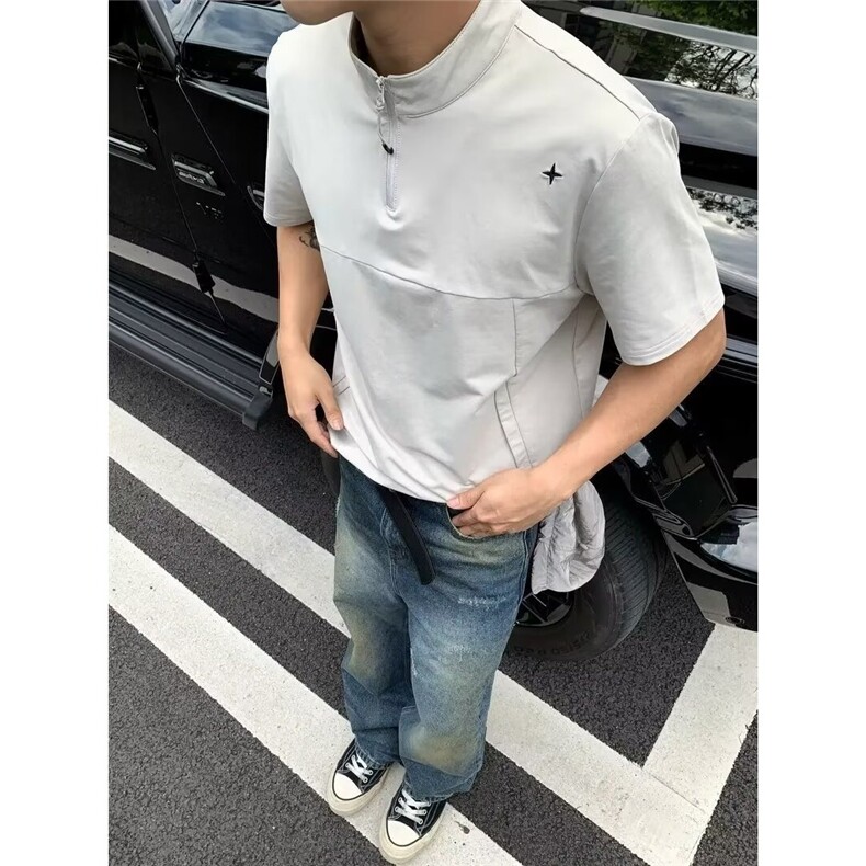 男装极简星标系列户外速干防晒凉感半拉链剪裁拼接短袖T恤男,男装防晒衣,星座506A