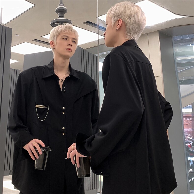 白色衬衫男小众解构垫肩长袖春秋季高级感痞帅美式廊形衬衣外套潮,男装衬衫,电商C307
