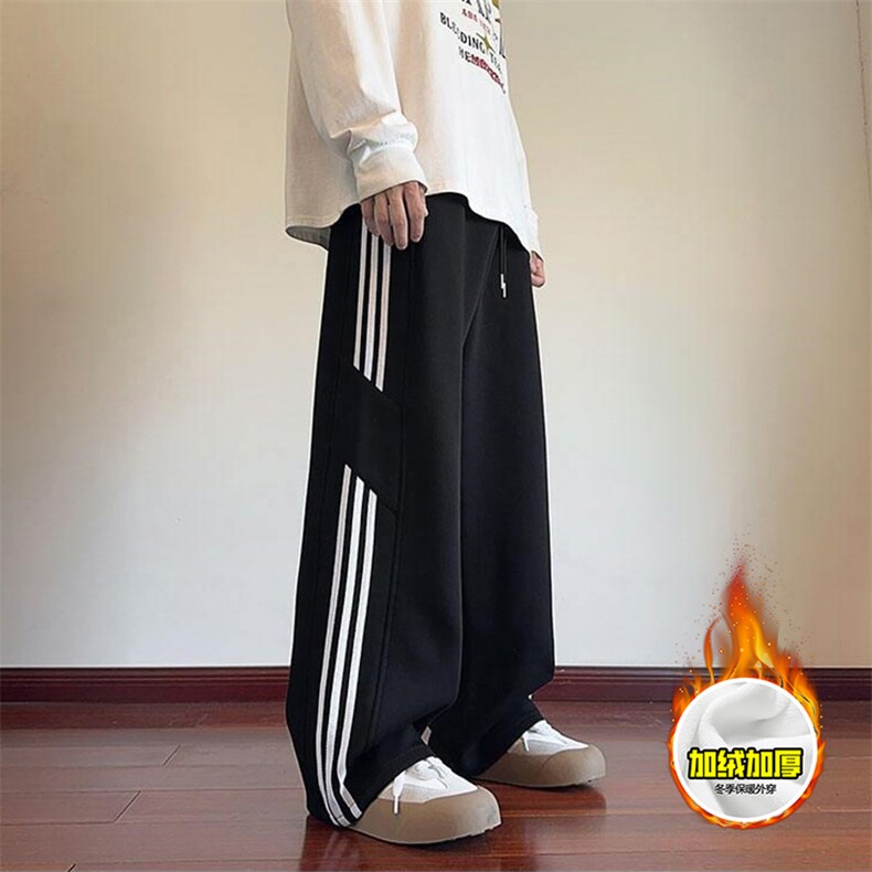 抖音得物高品质秋冬重磅加绒潮流运动三条杠宽松直筒休闲卫裤K360，男装休闲裤，电商A486