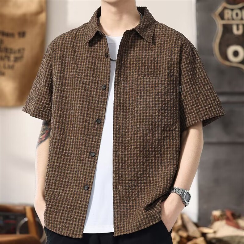 衬衫男短袖2025新款夏季轻奢复古肌理高级感男士休闲外套潮流格纹，男装衬衫，星座506A