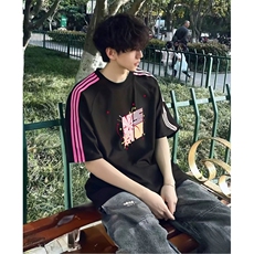 抖音得物品质二开240克宽松纯棉美式潮牌印花三条杠中性风短袖T恤，男装T恤，电商A486