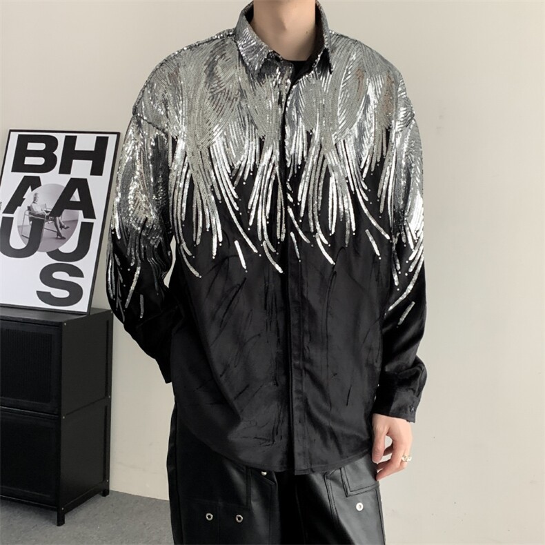 春季小众设计感夜店网红炸街刺绣亮片丝绒衬衣男长袖衬衫宽松个性,男装衬衫,星座909