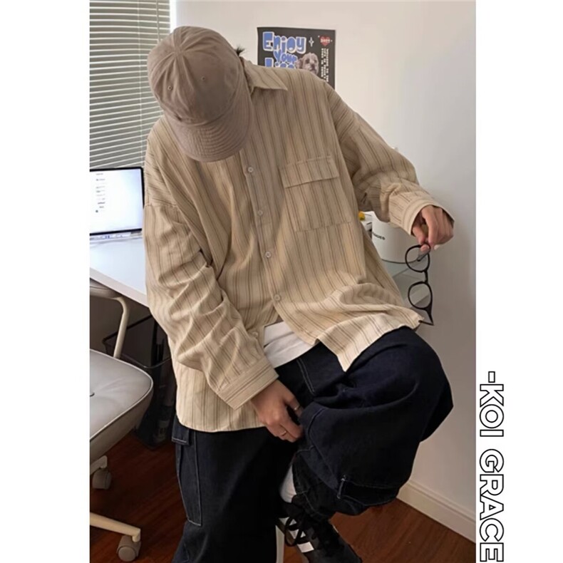日系复古灯芯绒条纹长袖衬衫男女春秋小清新学院风宽松休闲衬衣潮,男装衬衫,星座506A