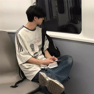 夏季美式高街重磅纯棉三条杠织带撞色男女短袖T恤ZD358-特P30图片