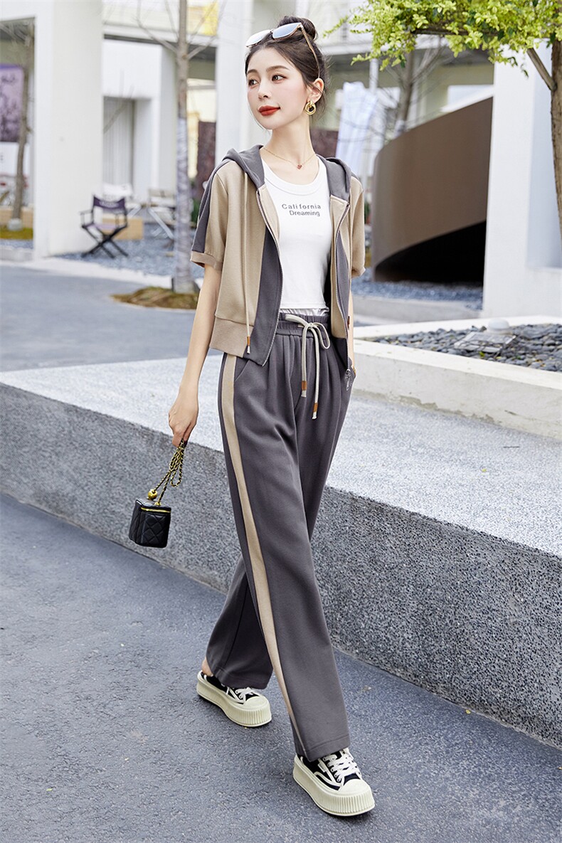 时尚休闲套装女2023夏新款短袖洋气显瘦遮肉卫衣开衫阔腿裤两件套,女装套装/套裙,伊仟回