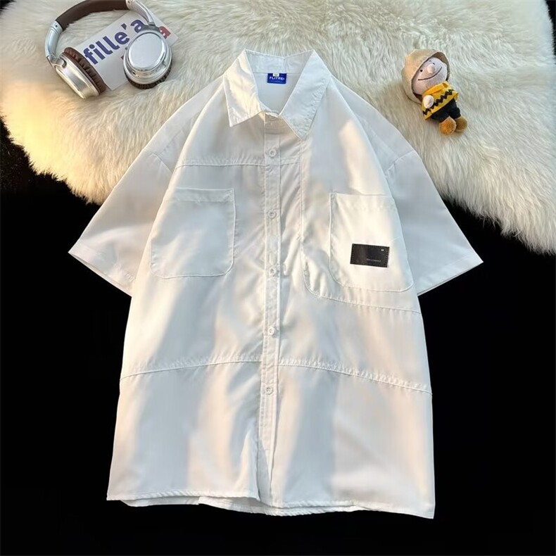 翻领短袖口袋衬衫男士潮牌夏季通勤工装风半截袖衬衣外套LS30P34,男装T恤,星座1013-5