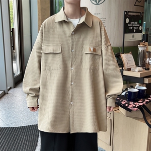 A775-P36 新款百搭华夫格外套男潮流宽松长袖衬衫日系休闲衬衣服图片