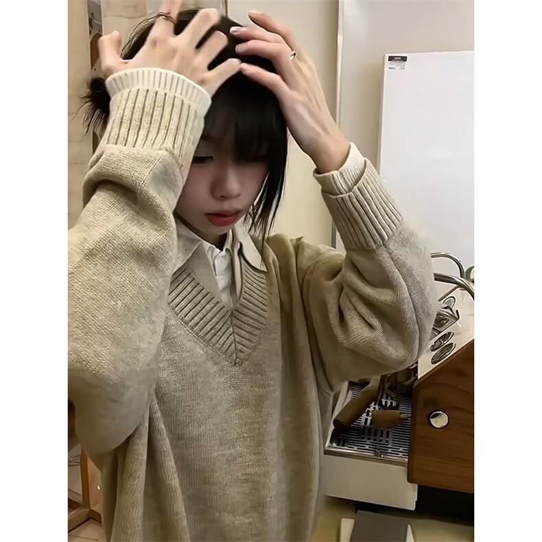 重磅北极绒假两件衬衫领毛衣美式高街复古休闲慵懒纯色翻领针织衫,男装针织衫/毛衣,电商A486