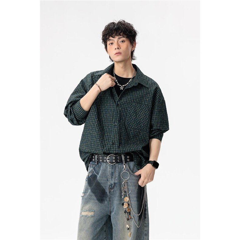 2026春季泡泡纱肌理感格子翻领宽松时尚衬衫外套C5469-特P38控75,男装衬衫,电商A001
