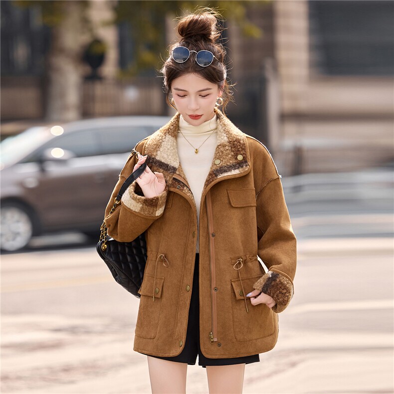 现货皮毛一体外套女冬季新款时尚双面穿温暖中长款上衣,女装短外套,英标秀（1C119）