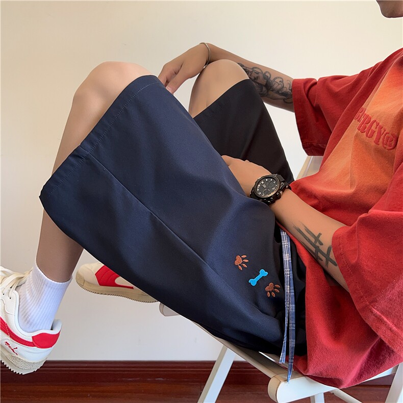 腊肠狗刺绣运动短裤男夏季潮牌美式高街薄款宽松直筒休闲五分裤子,男装牛仔裤,电商B315