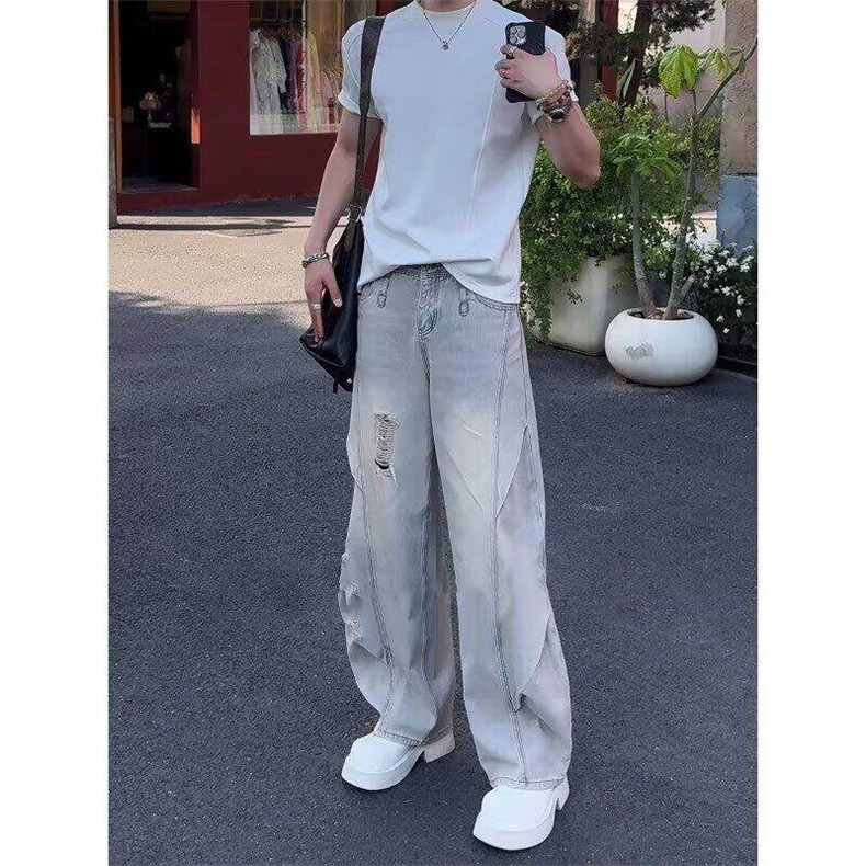 设计款水洗破洞牛仔裤男女美式高街弯刀长裤情侣拖地裤LA4366-p55图片