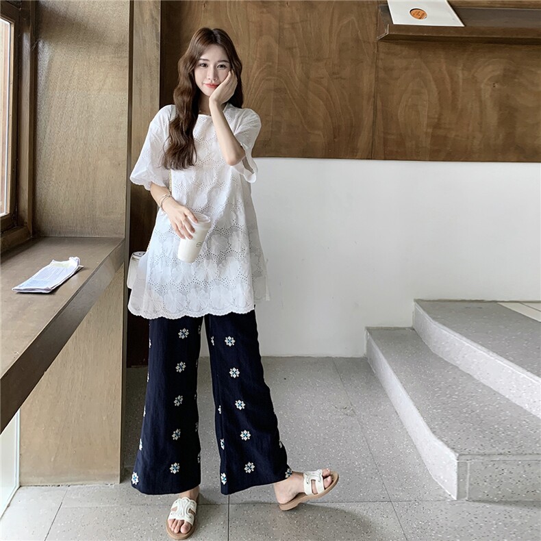 【新款-现货】蕾丝刺绣上衣+刺绣裤子两件套,女装套装/套裙,2C283