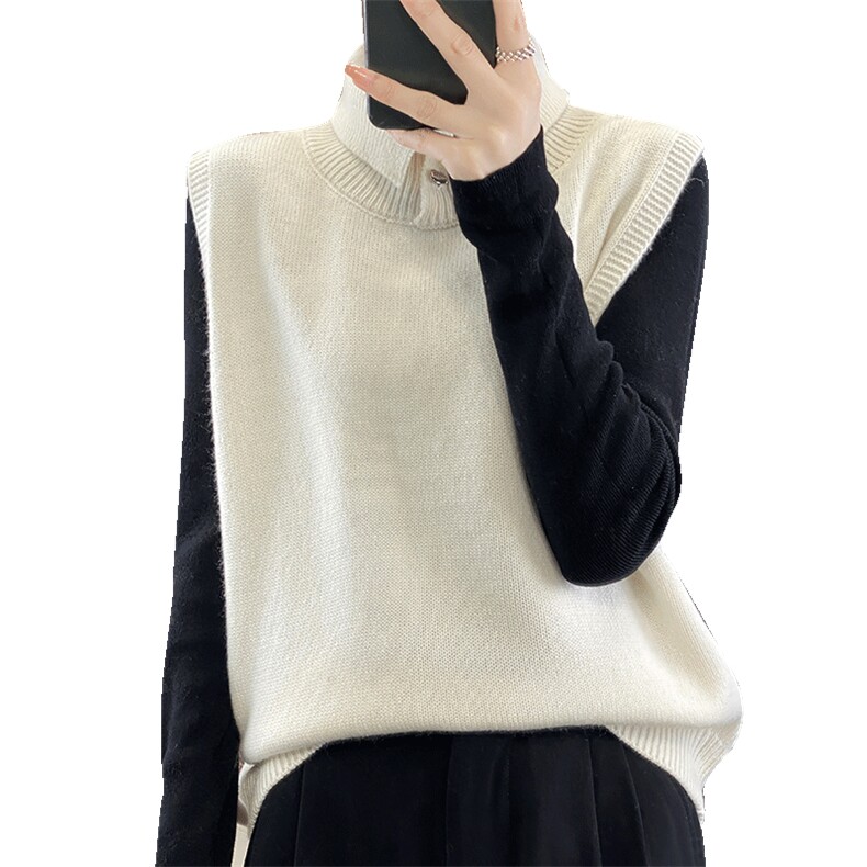 设计感翻领立领羊毛针织马甲女秋季2025新款宽松叠穿时尚毛衣背心,女装马甲,佳绒包芯纱店