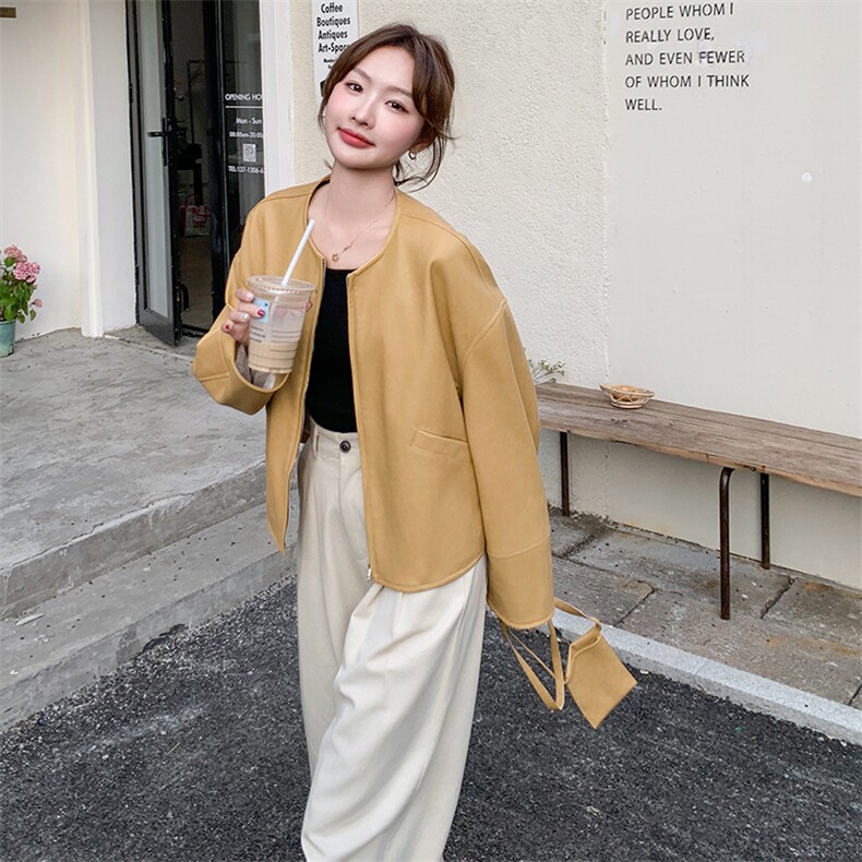 春秋新款女装时尚气质百搭显瘦短款外套女长袖圆领PU皮夹克上衣,女装短外套,维壹