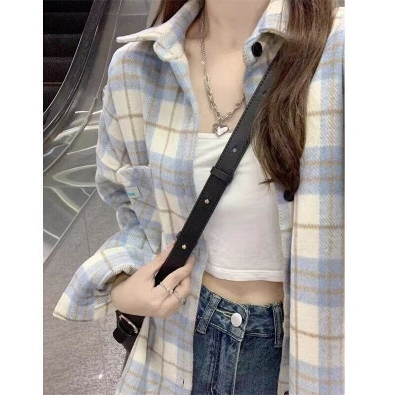 绿色格子衬衫女新款宽松春秋季设计港风chic学生衬衣长袖上衣外套,男装衬衫,星座506A