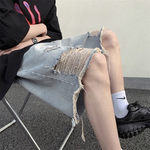 D321-DK43 P50 破洞男生百搭夏季撞色牛仔短裤高街图片