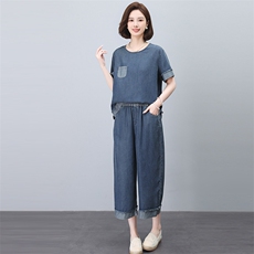 休闲牛仔套装女装2025夏装新款减龄中年时尚妈妈小个子穿搭两件套，女装套装/套裙，悦见她