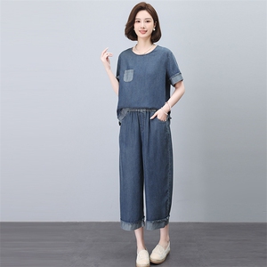 休闲牛仔套装女装2025夏装新款减龄中年时尚妈妈小个子穿搭两件套图片
