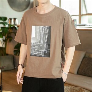 2021夏季新款日系大码男几何印花棉麻短袖亚麻风T恤T195-P30图片