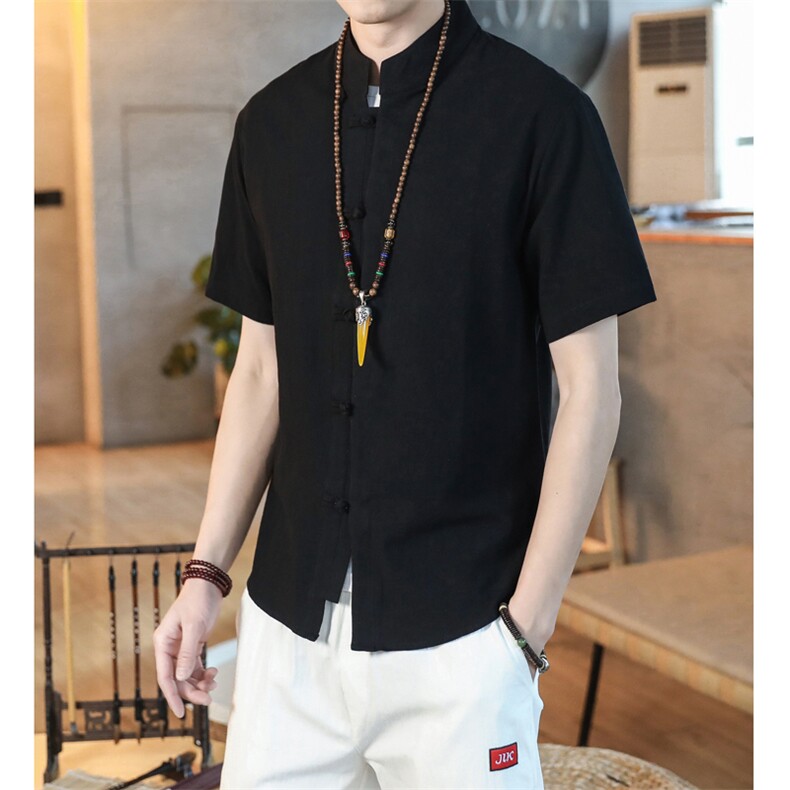 新中式风盘扣短袖衬衫男唐装古装棉麻中山装A056-C140P33,男装T恤,电商A056