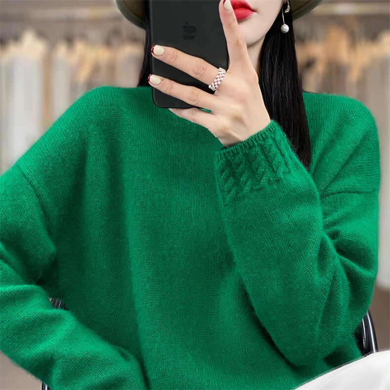 秋冬新款100%纯羊毛衫女半高领麻花加厚毛衣百搭羊绒打底针织衫,女装羊毛衫,吉高羊绒