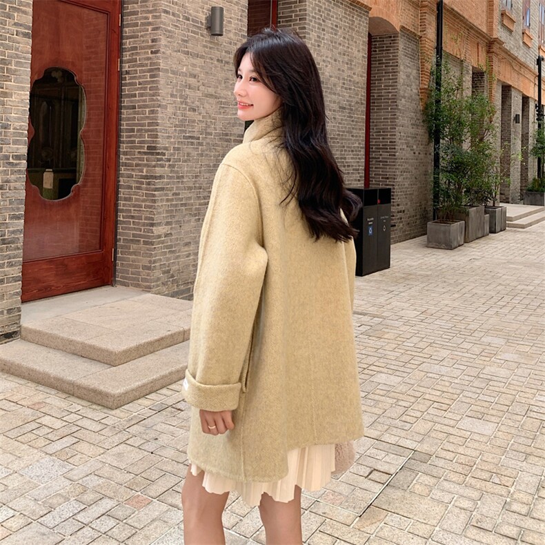 卡其色中长款围脖可拆卸双面羊绒外套女秋冬超火好看加厚呢子大衣,女装羊绒大衣,2C056