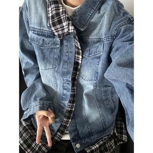 【有货】假两件牛仔外套男春秋格子衬衫拼接工装夹克JK8624LL-P85图片
