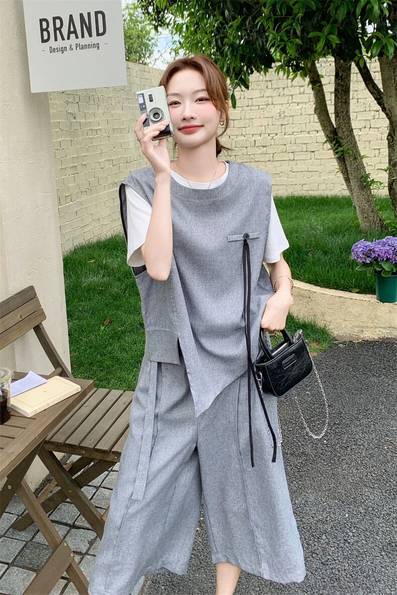 灰色慵懒风T恤马甲7分阔腿裤套装女2025夏季新款盐系休闲两件套潮,女装套装/套裙,2C051
