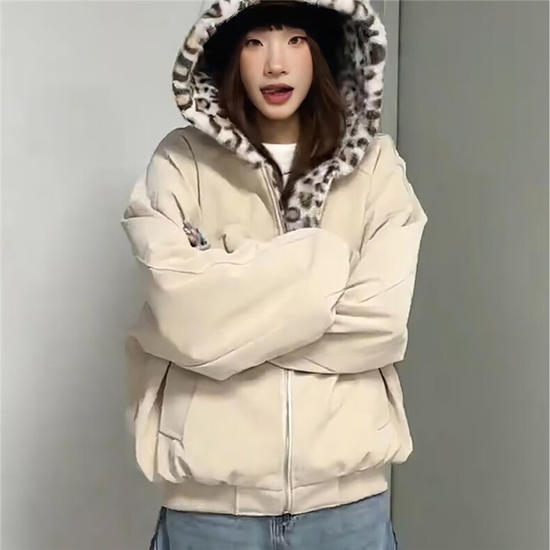 棕色双面穿豹纹连帽棉服男女冬季加绒加厚座山雕外套PU皮三防保暖,男装棉衣,星座506A