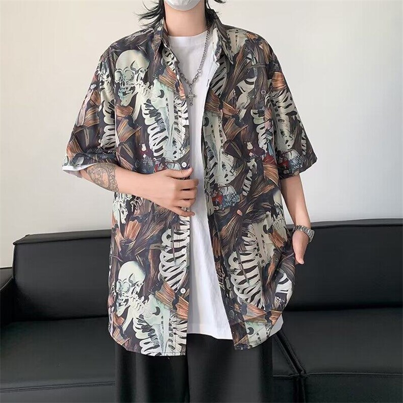 2025夏季新款男式短袖纽扣衬衫休闲印花夏威夷风格C845,男装T恤,星座1108