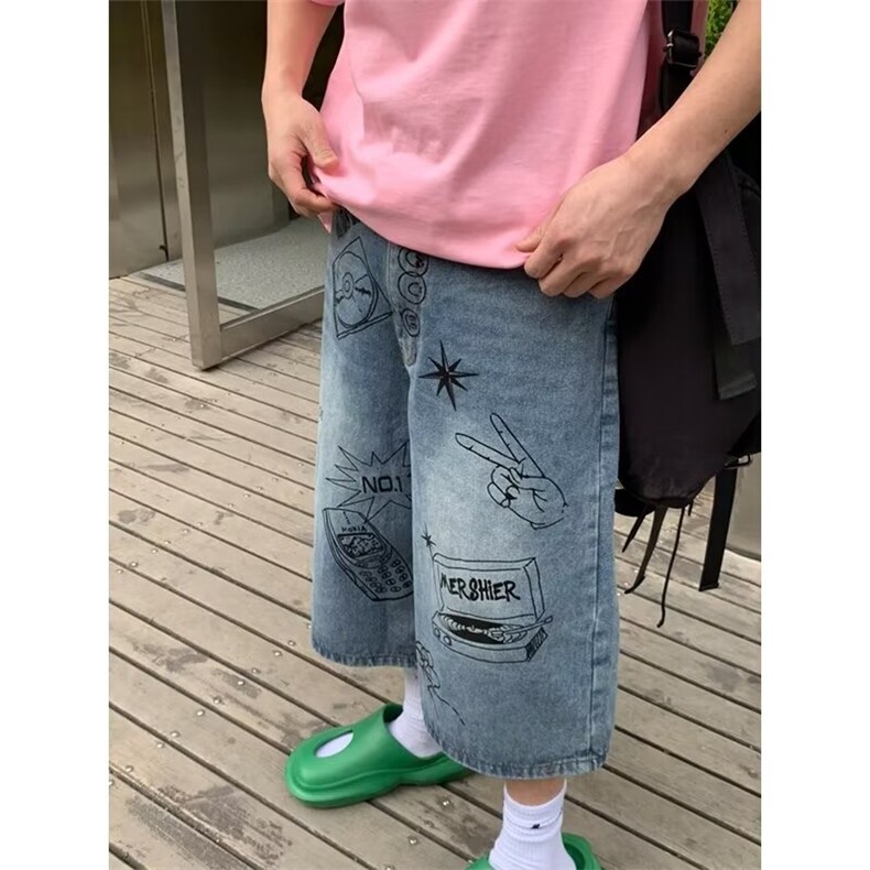 现货牛仔短裤男夏季潮牌痞帅炸街满印提花直筒显瘦阔腿五分裤子,男装牛仔裤,星座218-1（原230）
