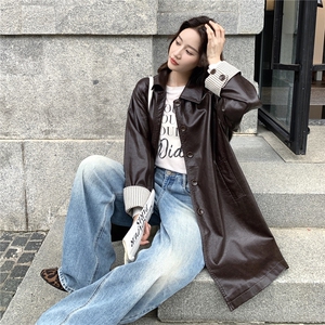 巨好看条纹拼接翻领风衣式皮衣外套女春秋季2025新款韩系绝美大衣图片